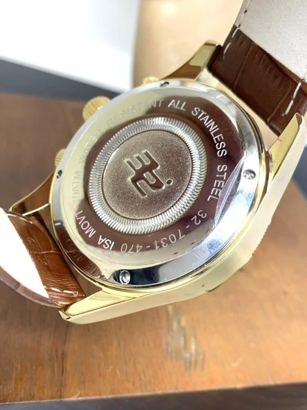 32 Degrees Men's Watch Swiss Quartz Gold Tone Case Brown Leather Band 43mm